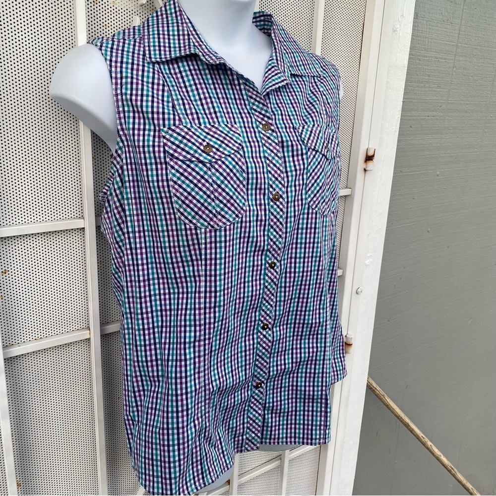 Schmidt workwear women XL sleeveless button-up blouse darts front & back checked